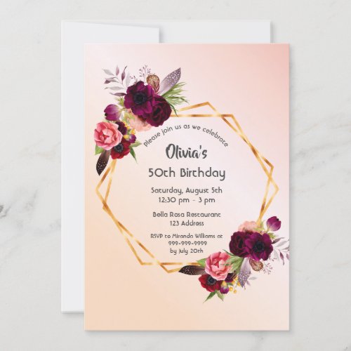 50th birthday burgundy florals rose gold geometric invitation