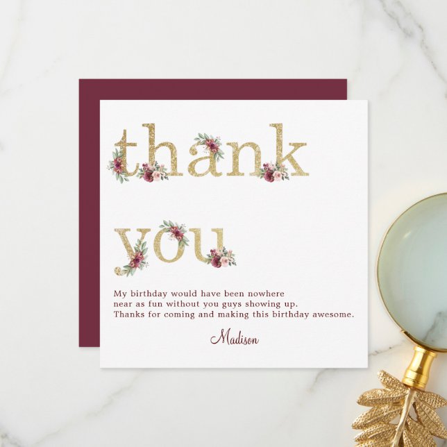 50th Birthday Burgundy Gold Floral Thank You Card (Front/Back In Situ)