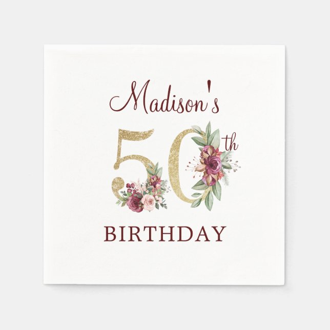 50th Birthday Burgundy Gold Personalized Napkins (Front)