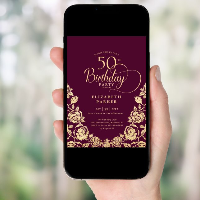 50th Birthday Burgundy Gold Roses Invitation (Front Digital)