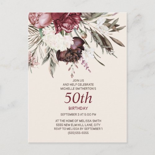 50th Birthday Burgundy Ivory Floral Cream Postcard