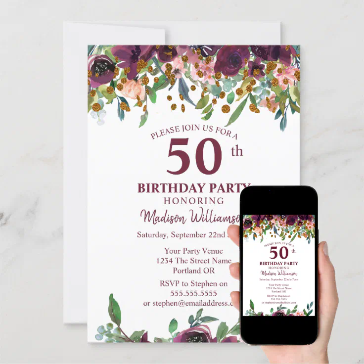 50th Birthday Burgundy | Pink Floral Glitter Party Invitation | Zazzle