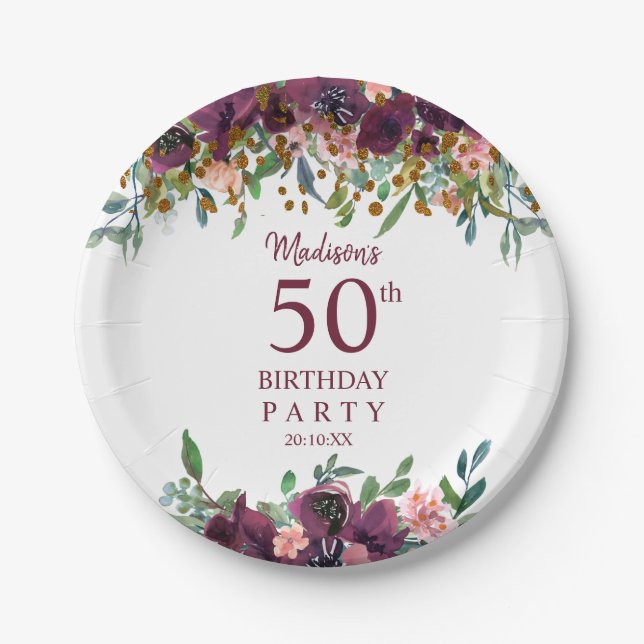 50th Birthday Burgundy | Pink Floral Glitter Party Paper Plates (Front)