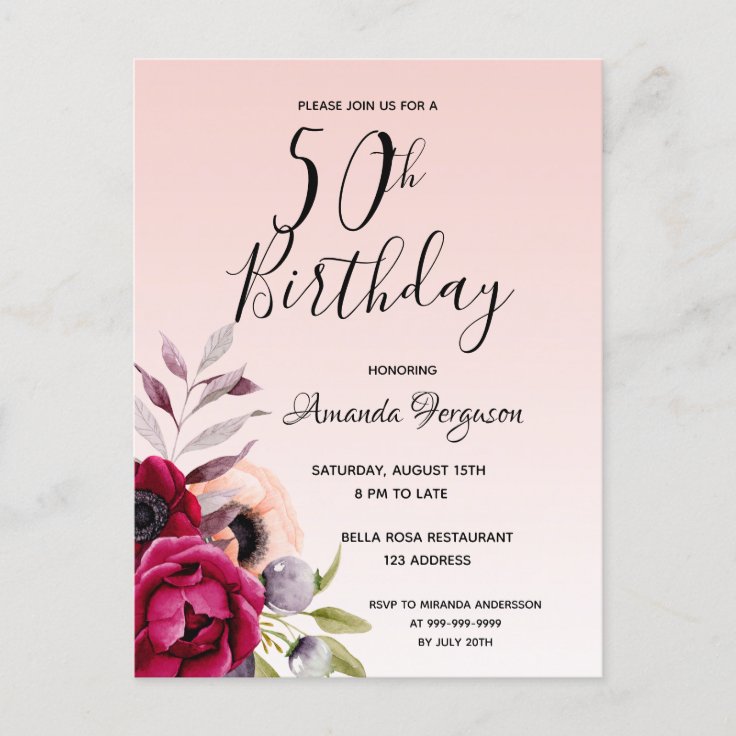 50th birthday burgundy rose gold floral invitation postcard | Zazzle