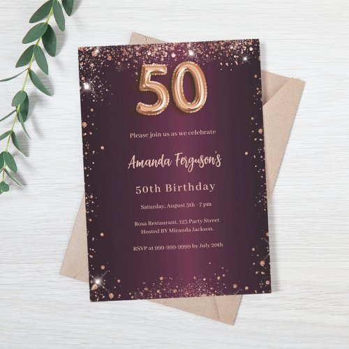 50th birthday burgundy rose gold glitter invitation