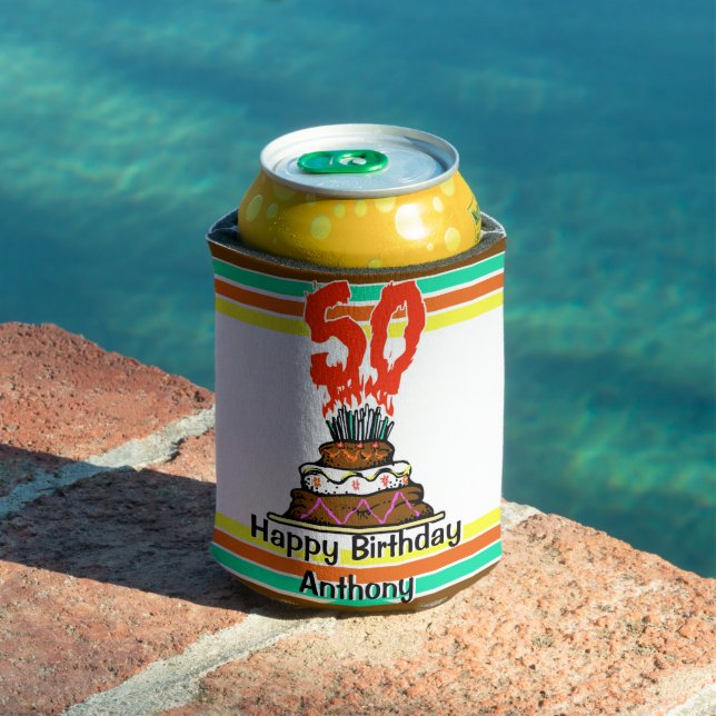 50th Birthday Cake Milestone Personalized Can Cooler (In Situ Pool)