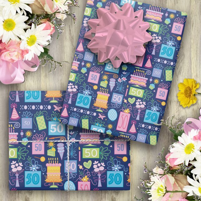 50th Birthday Cake Presents Balloons Blue Wrapping Paper Sheets (Creator Uploaded)