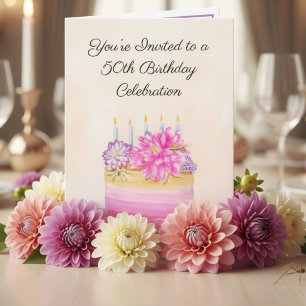 50th Birthday Cake with Dahlia and Garden Insect Invitation