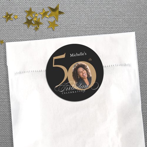 50th Birthday Calligraphy Gold Black Elegant Photo Classic Round Sticker