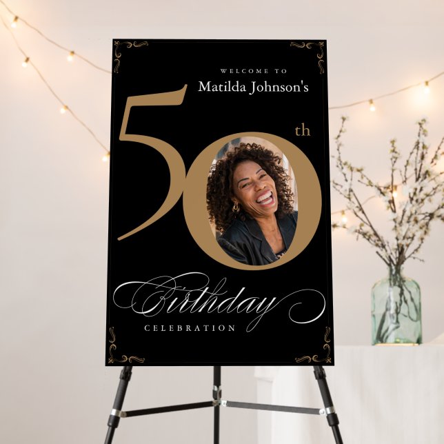 50th Birthday Calligraphy Gold Black Welcome Sign (In Situ (Stand))