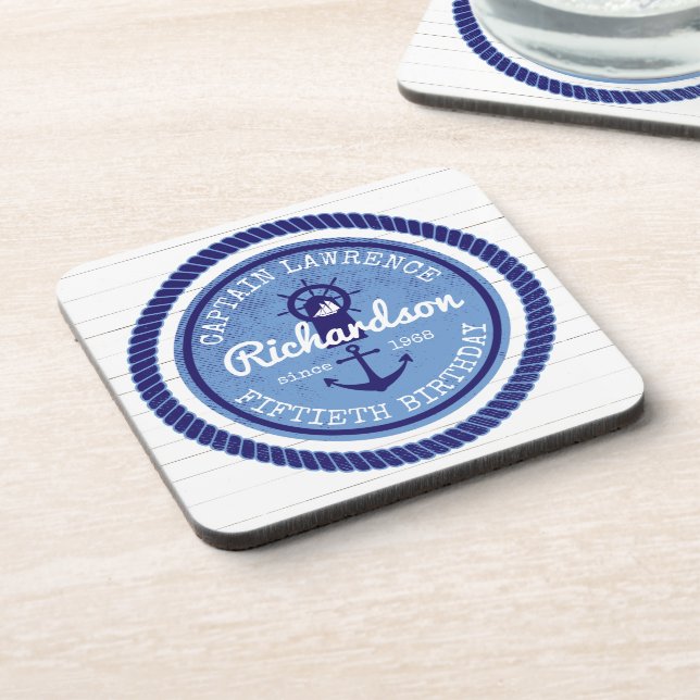 50th Birthday Captain Nautical Rope Anchor Helm Beverage Coaster (Left Side)