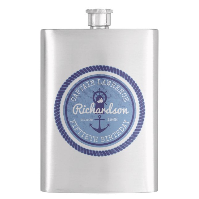 50th Birthday Captain Nautical Rope Anchor Helm Hip Flask (Front)