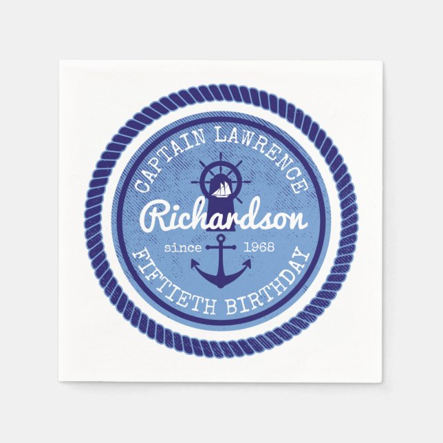 50th Birthday Captain Nautical Rope Anchor Helm Paper Napkins (Front)