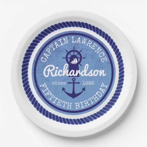 50th Birthday Captain Nautical Rope Anchor Helm Paper Plates