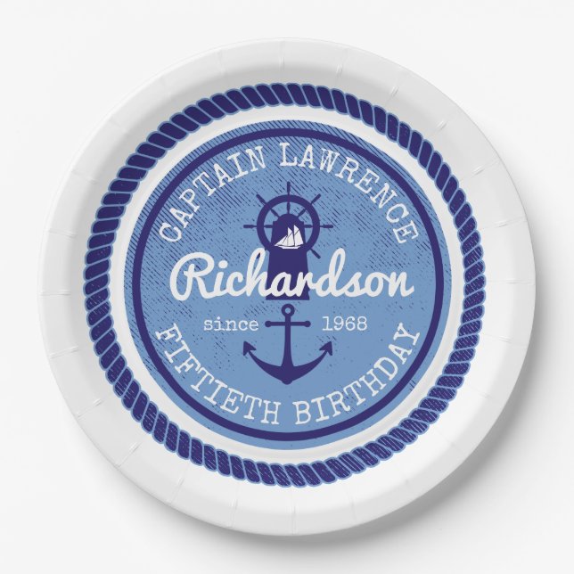 50th Birthday Captain Nautical Rope Anchor Helm Paper Plates (Front)