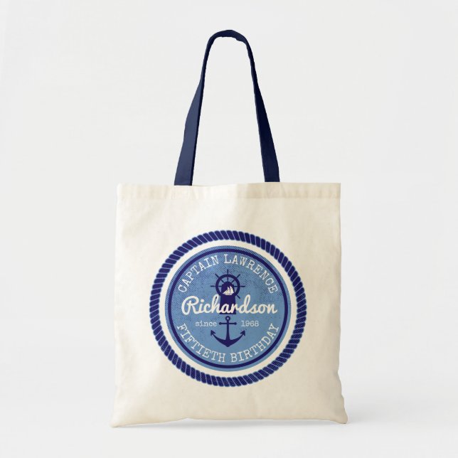 50th Birthday Captain Nautical Rope Anchor Helm Tote Bag (Front)