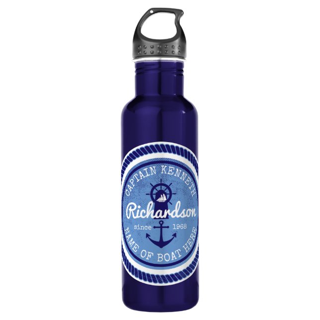 50th Birthday Captain Nautical Rope Anchor Helm Water Bottle (Front)