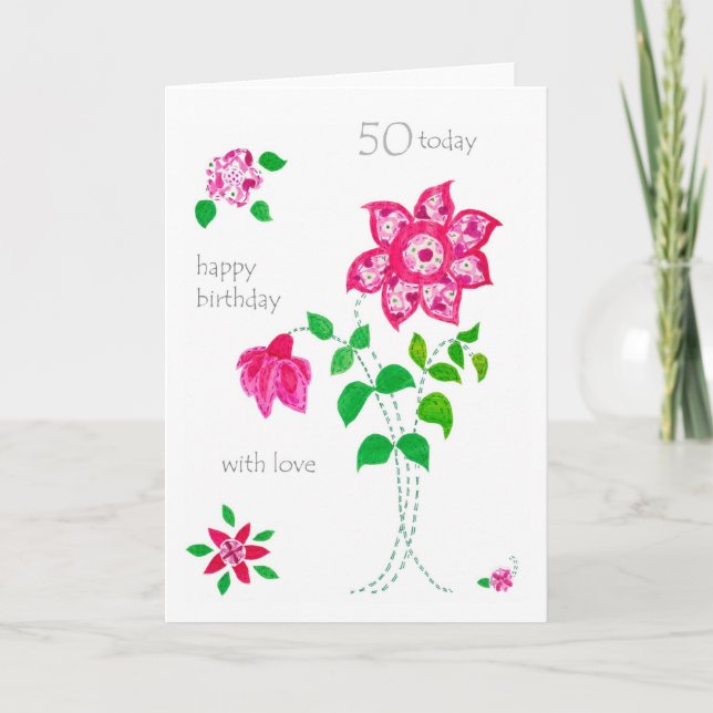 50th Birthday Card - Pink Flowers (Front)