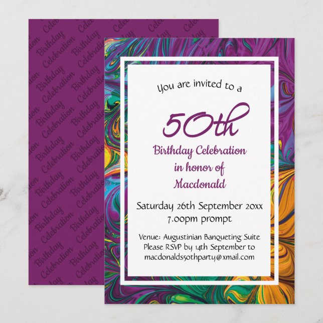 50th Birthday Celebration Abstract Purple Custom Invitation (Front/Back)