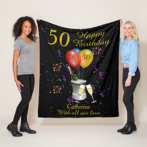 50th Birthday Celebration Black Gold Fleece Blanket