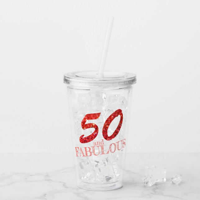 50th Birthday Celebration Coral Glitter Bokeh Acrylic Tumbler (Back Ice)