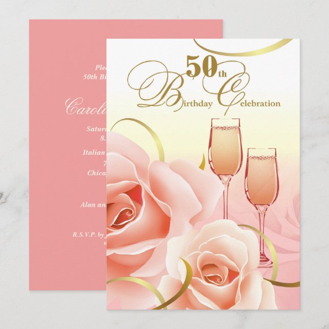 50th Birthday Celebration. Pink Peach Roses Invitation (Front/Back)