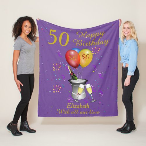 50th Birthday Celebration Purple Fleece Blanket