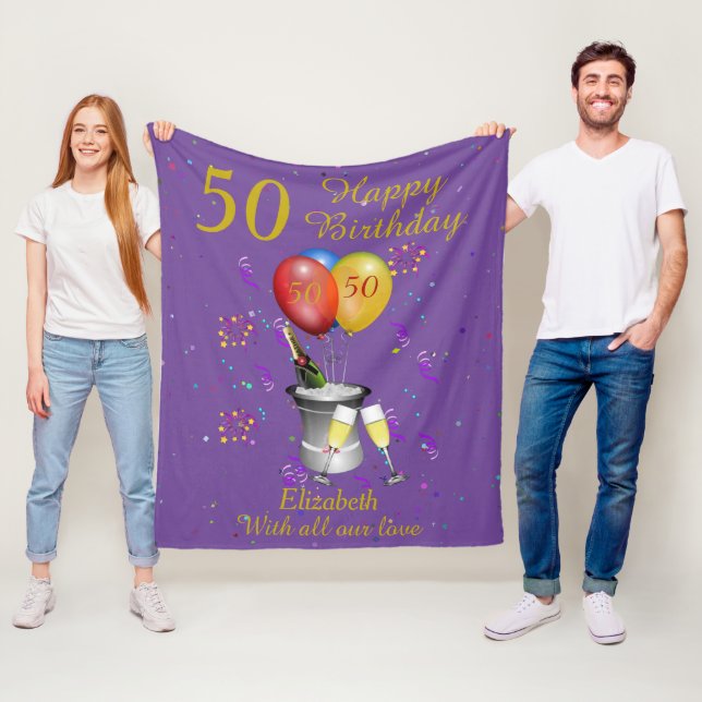 50th Birthday Celebration Purple Fleece Blanket (In Situ)