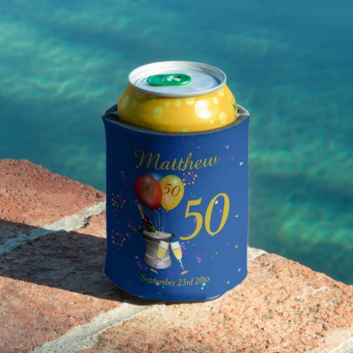 50th Birthday Celebration Sparkling Wine Blue Can Cooler