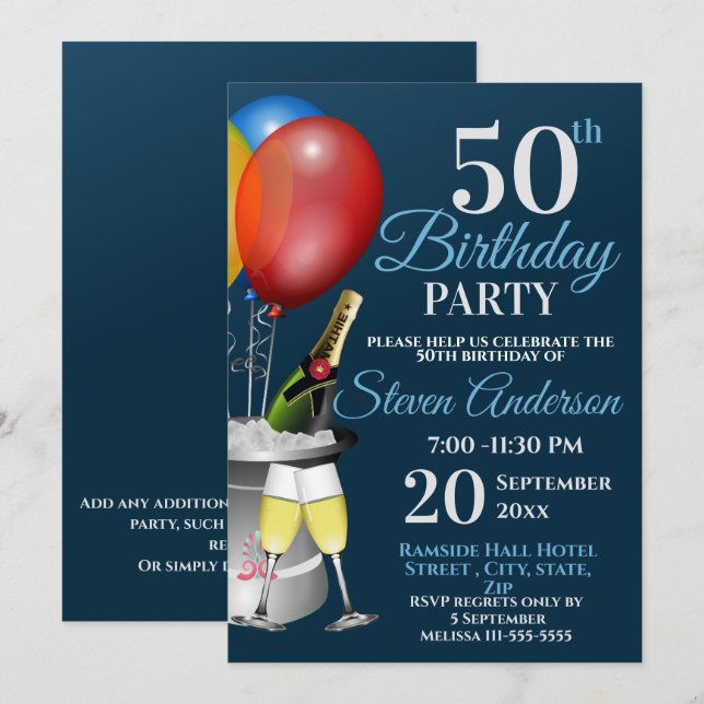 50th Birthday Celebration Sparkling Wine Party Invitation (Front/Back)