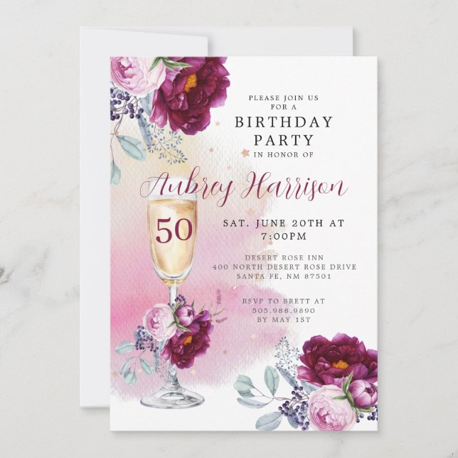50th Birthday Champagne Glass Floral Birthday  Invitation (Front)