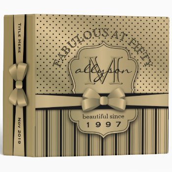 50th Birthday Champagne Gold Polka Dot Stripes Bow Binder by BCMonogramMe at Zazzle
