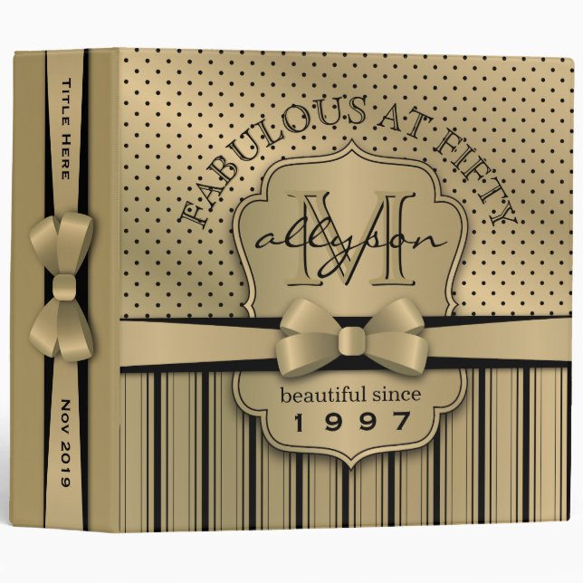 50th Birthday Champagne Gold Polka Dot Stripes Bow Binder (Front/Spine)