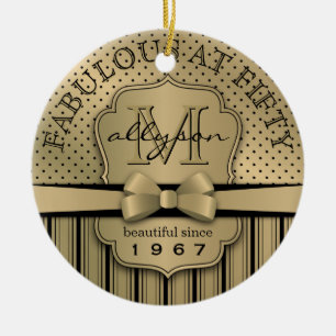 50th Birthday Champagne Gold Polka Dot Stripes Bow Ceramic Ornament