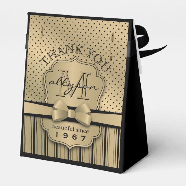 50th Birthday Champagne Gold Polka Dot Stripes Bow Favor Boxes (Back Side)