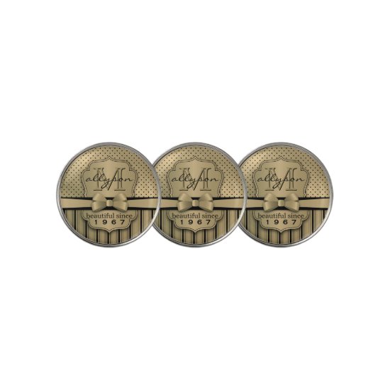50th Birthday Champagne Gold Polka Dot Stripes Bow Golf Ball Marker