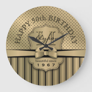 50th Birthday Champagne Gold Polka Dot Stripes Bow Large Clock