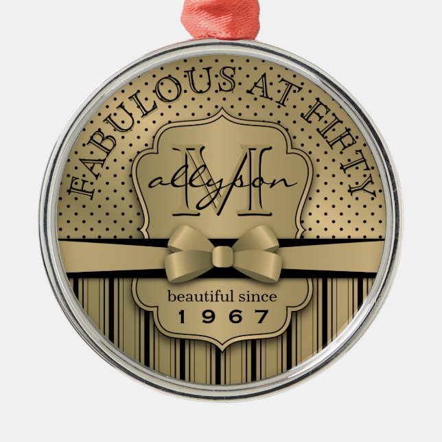 50th Birthday Champagne Gold Polka Dot Stripes Bow Metal Ornament (Front)