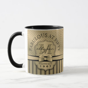 50th Birthday Champagne Gold Polka Dot Stripes Bow Mug