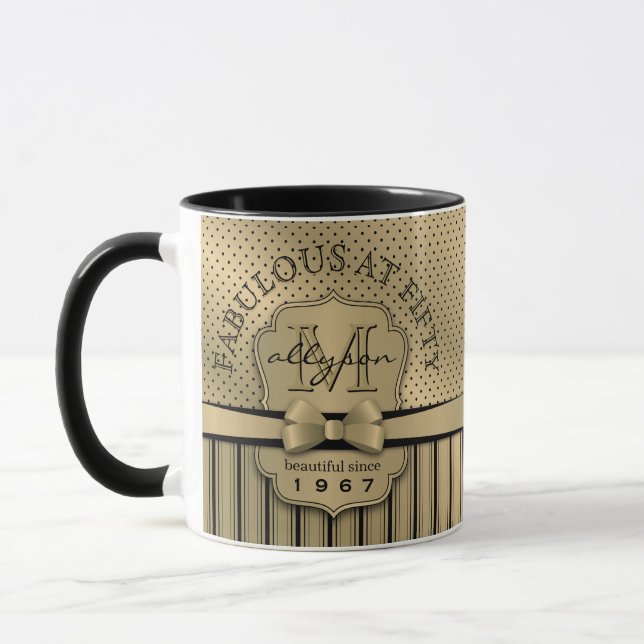 50th Birthday Champagne Gold Polka Dot Stripes Bow Mug (Left)