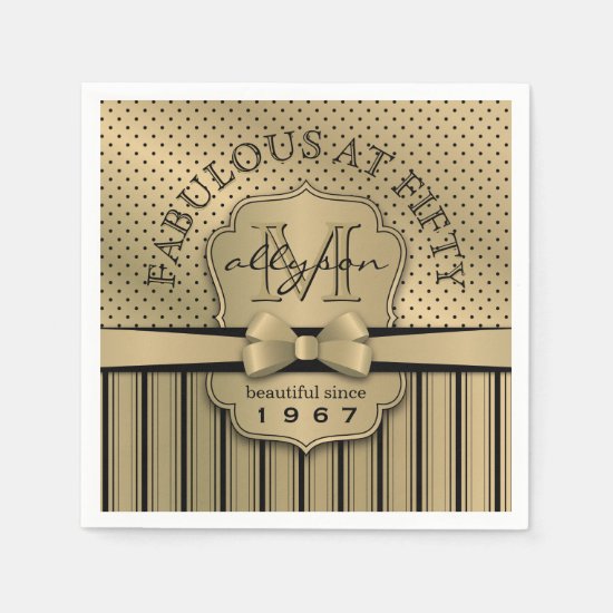 50th Birthday Champagne Gold Polka Dot Stripes Bow Paper Napkin
