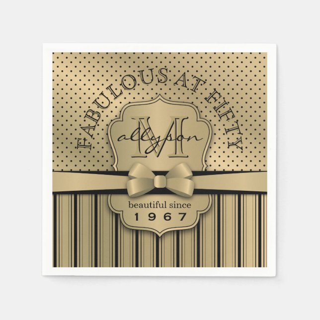 50th Birthday Champagne Gold Polka Dot Stripes Bow Paper Napkins (Front)