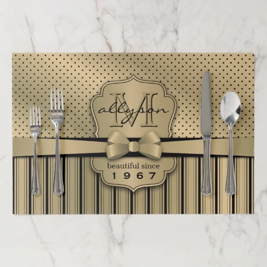 50th Birthday Champagne Gold Polka Dot Stripes Bow Paper Placemat