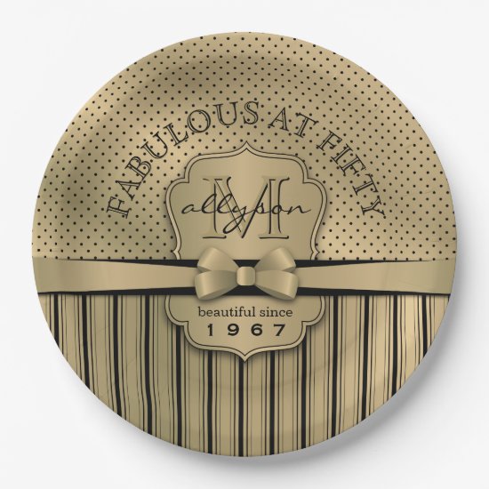 50th Birthday Champagne Gold Polka Dot Stripes Bow Paper Plate