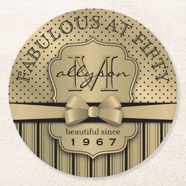 50th Birthday Champagne Gold Polka Dot Stripes Bow Round Paper Coaster (Front)