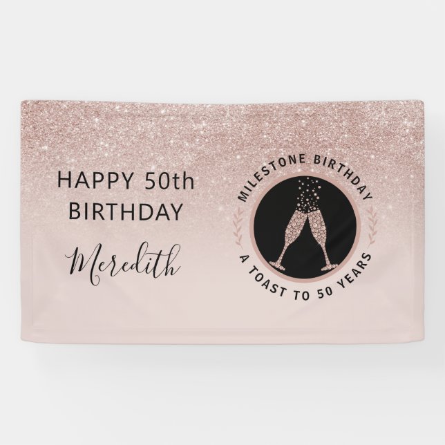 50th Birthday Champagne Toast Horizontal Glitter Banner (Horizontal)