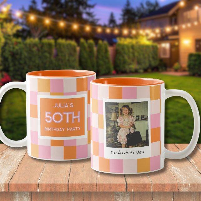 50th Birthday Checkered Pink and Orange Two-Tone Coffee Mug (Creator Uploaded)
