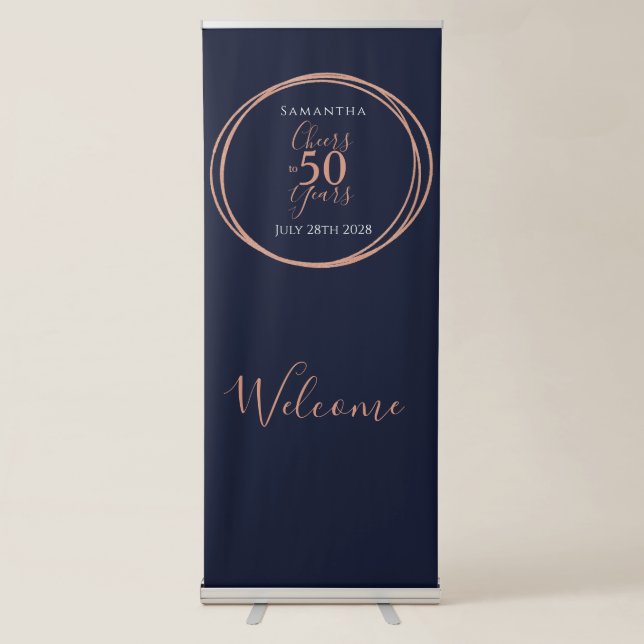 50th Birthday Cheers 50 Years Navy Rose Gold Retractable Banner (Front)