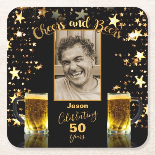 50th Birthday Cheers and Beers Black and Gold Square Paper Coaster