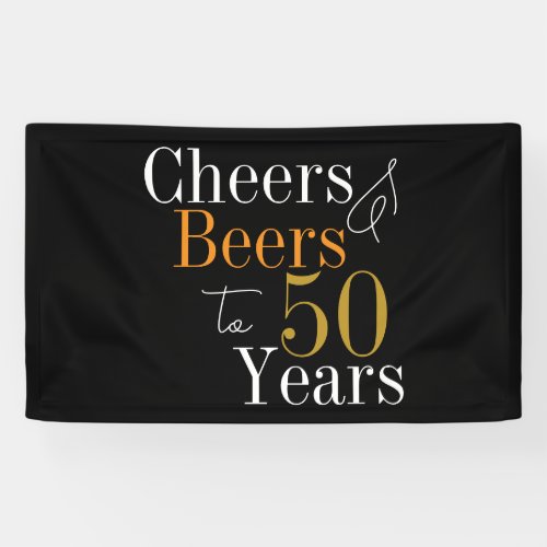 50th Birthday Cheers and Beers Black Gold Party Banner